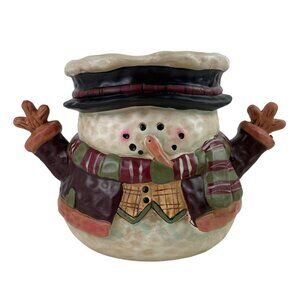 Crazy Mountain Snowman Bowl/Planter Ceramic Winter Decor With Scarf & Hat